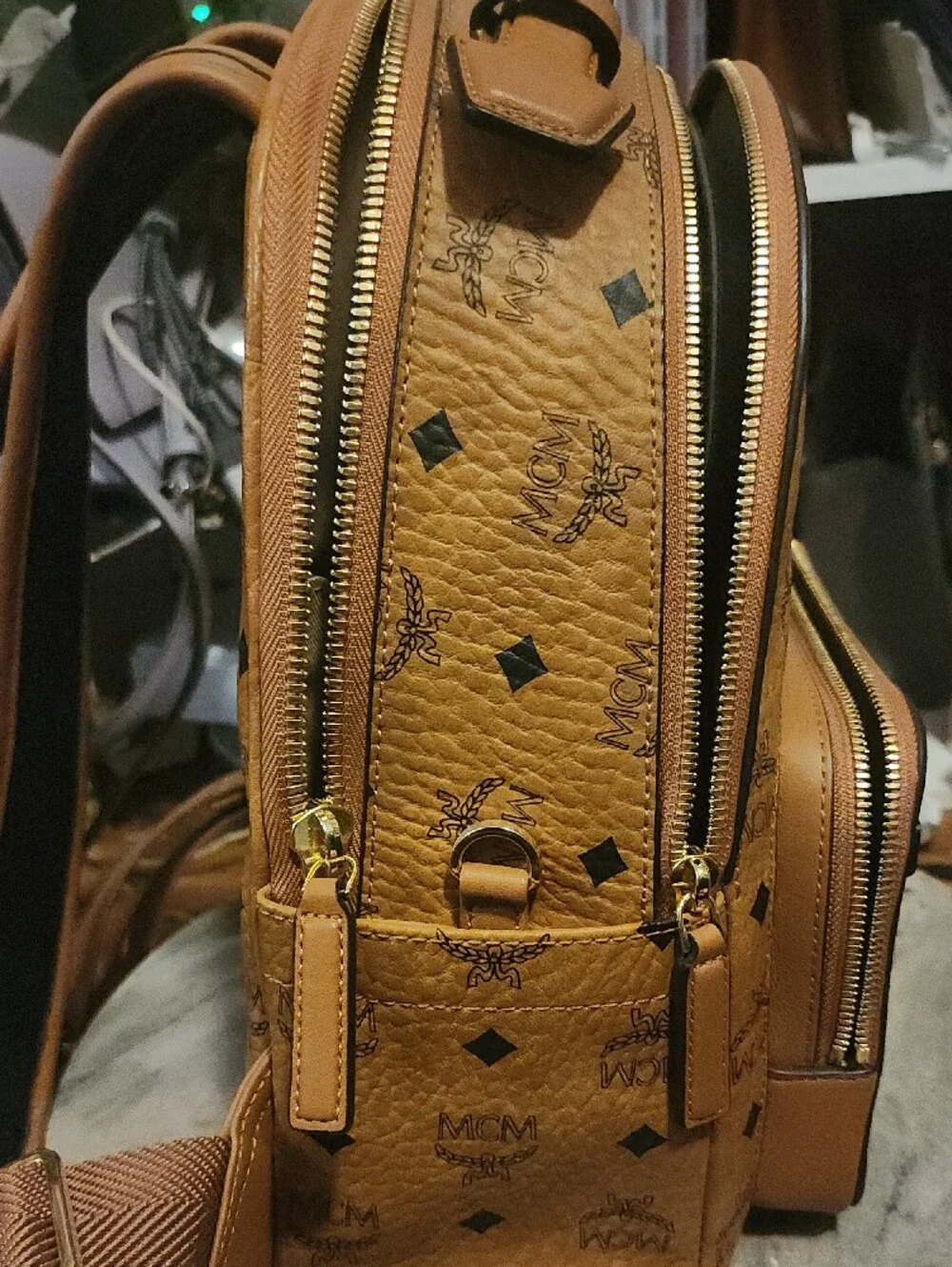 MCM Cognac Logo Visetos Backpack with Gold Hardware